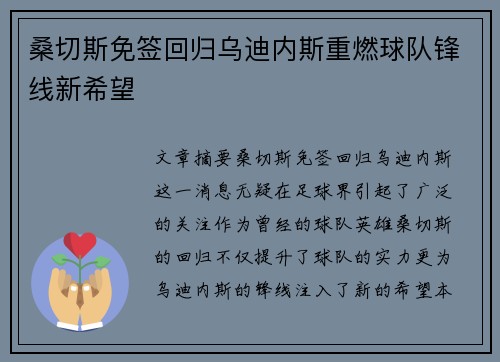 桑切斯免签回归乌迪内斯重燃球队锋线新希望